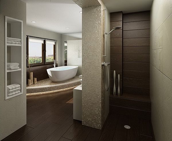 Brown tiles bathroom with door-less shower