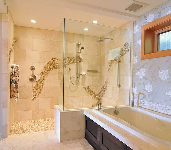 Doorless shower in modern bathroom