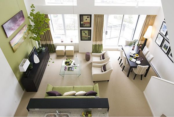 Green white and purple living room design