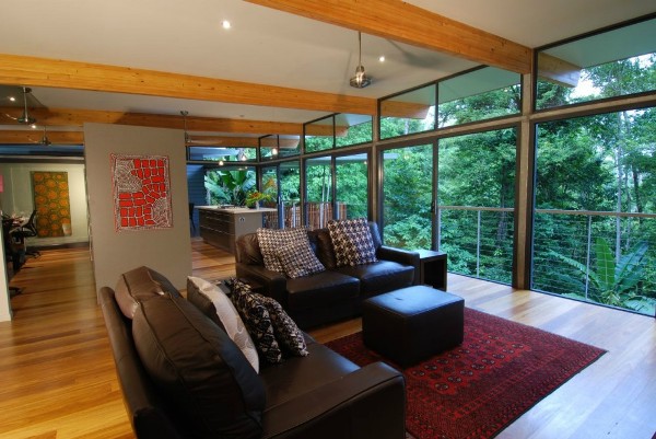 HP Tree House - modern living room with wooden floors