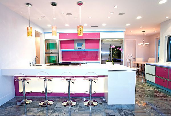 Luxury kitchen with pink purple and white design