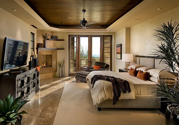 Master bedroom idea with wood fake ceiling