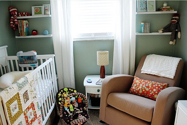 Modern nursery room with shelves on sides