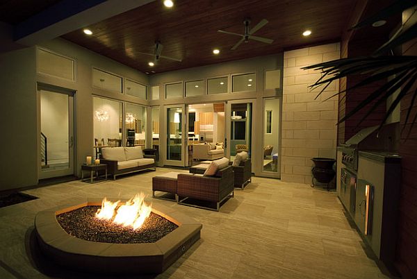 Modern outdoor space decor with fire pit