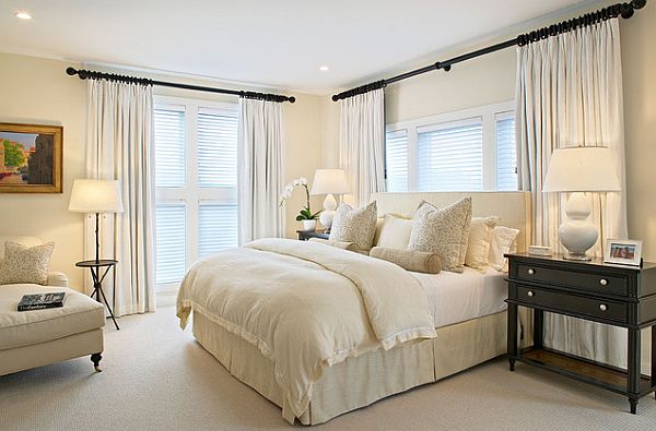 airy bedroom design with many shades of white