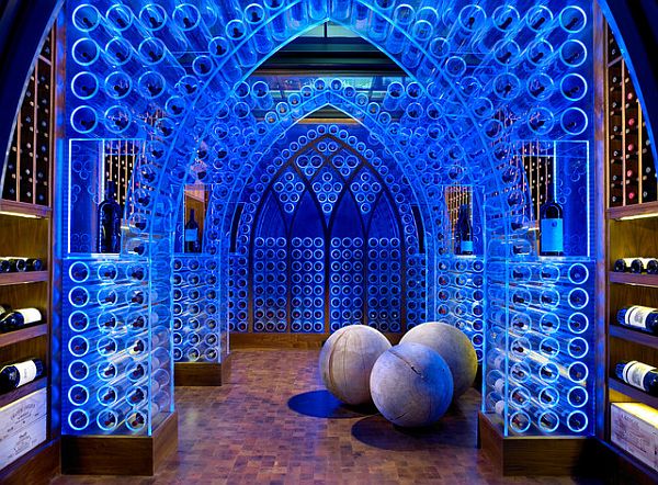 amazing wine cellar with blue LED lighting