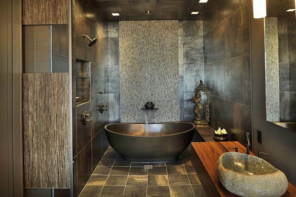 asian inspired bathroom with fancy tiles