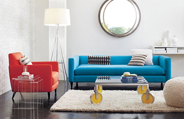 bright blue mid-century style sofa