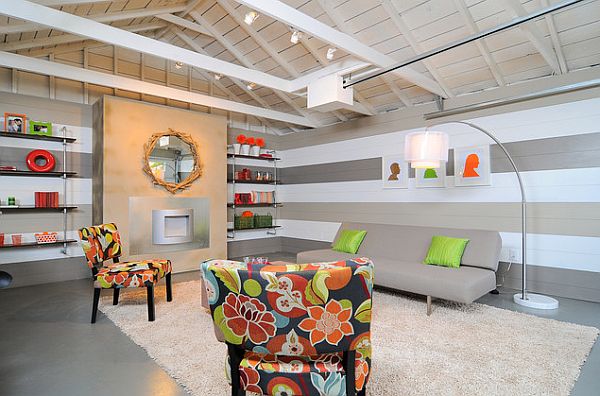 colorful lounge with horizontal stripes on the walls