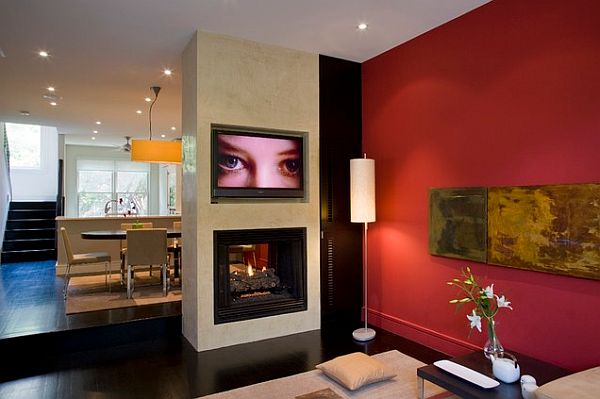 contemporary living room with red wall decor