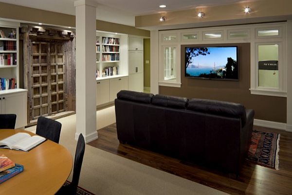 contemporary media office in the basement