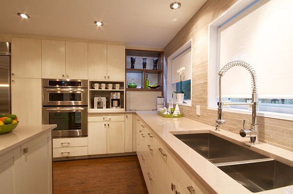 contemporary white kitchen with low ceiling