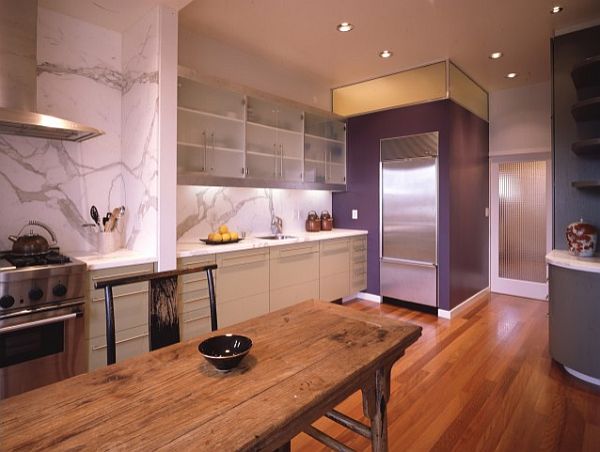 dark purple and natural wood kitchen design