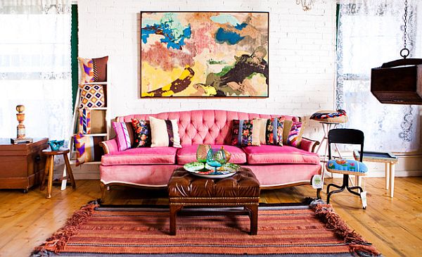 fancy living room with pink couch