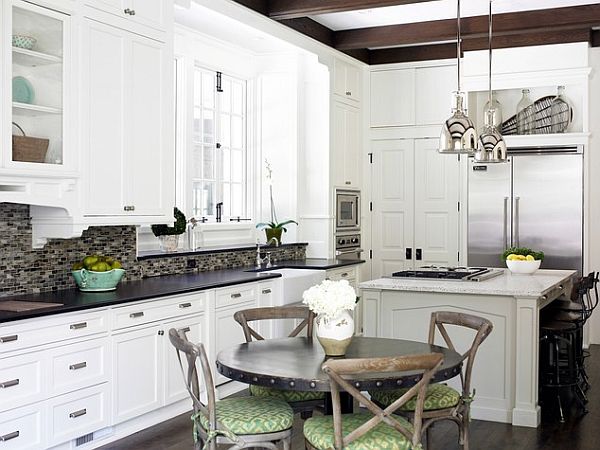 farmhouse-style cafe chairs in white traditional kitchen