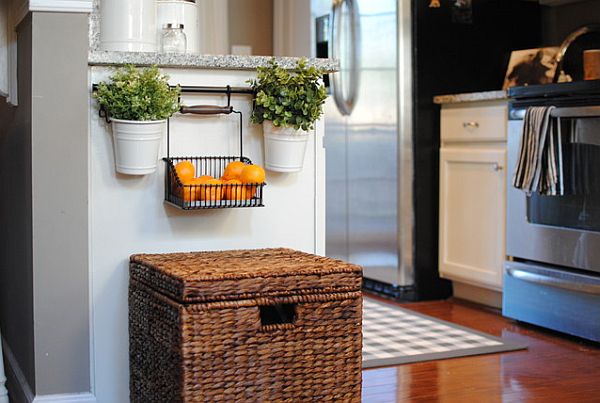 kitchen with decorative mail baskets for hiding clutter