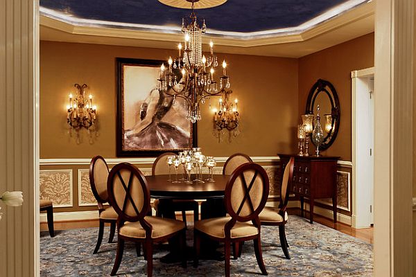 luxury dining table with navy blue ceiling