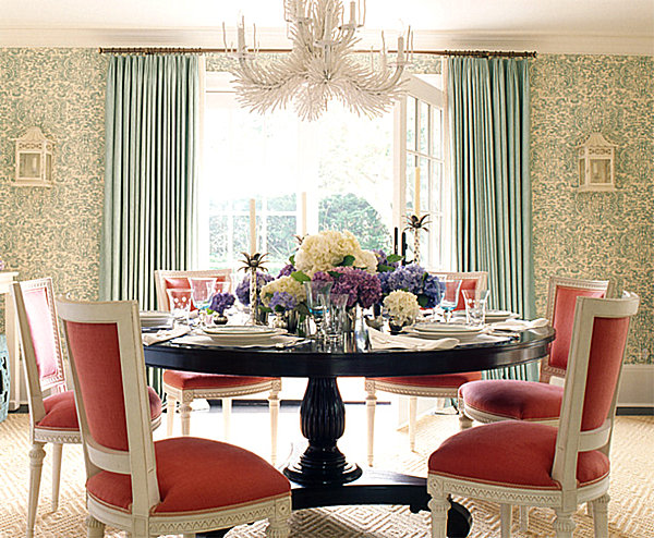 mint green and orange dining room