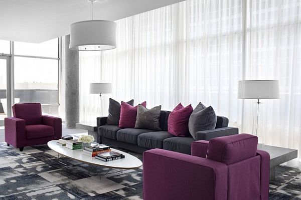 modern grey and purple dining area with white coffee table