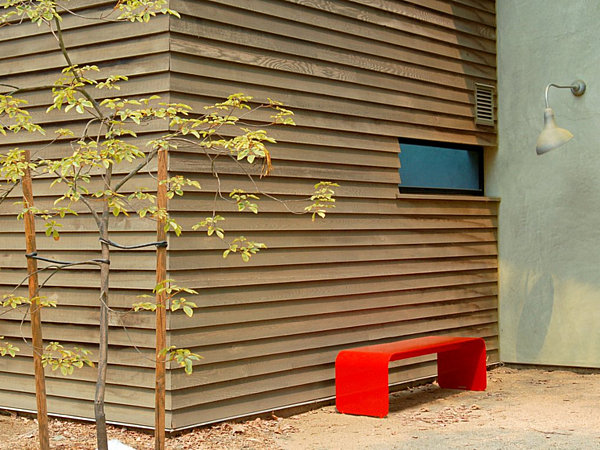 modern red metal bench