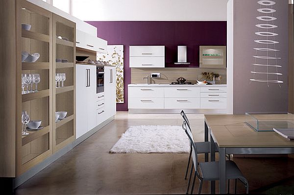 modern white kitchen furniture with dark purple wall