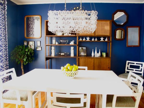 navy blue and white dining room