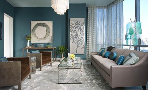 aqua navy beige living room