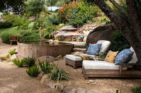 old redwood tub spas in backyard rustic landscape