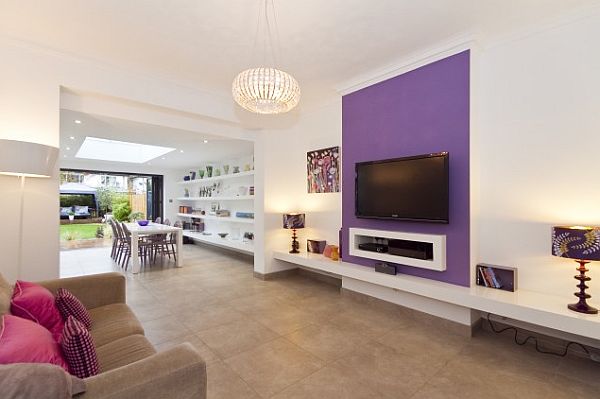 purple tv wall mixing with white walls leisure room