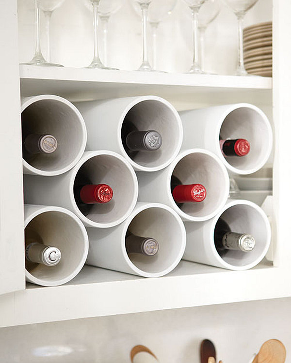 sleek modern wine rack made from PVC pipes