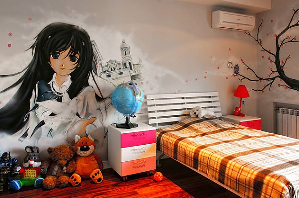 teenage girl bedroom with big graffiti wall