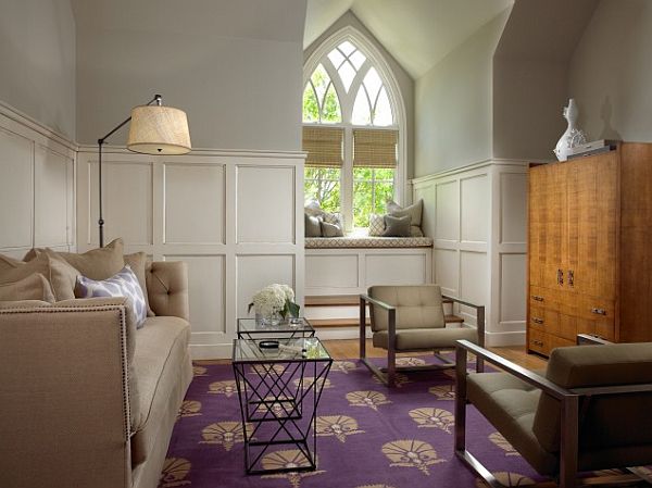 traditional living room with modern purple rug