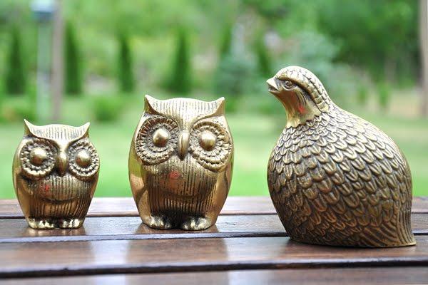 vintage brass owls and quail