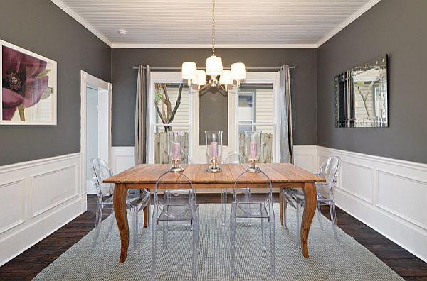 warm charcoal black and white dining room