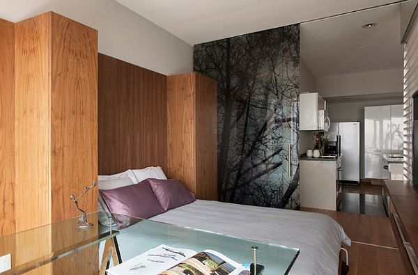 warm feel studio apartment - contemporary bedroom with sliding door