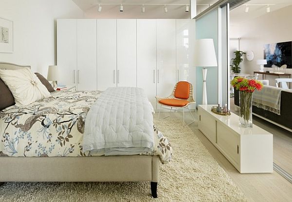 white modern bedroom in los angeles small apartment