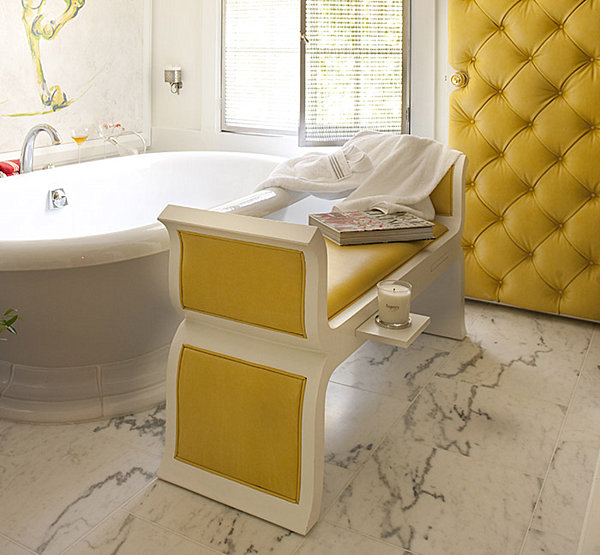 yellow leather and white lacquer bench