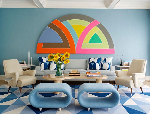 70s inspired furniture with colorful wall art and geometric flooring