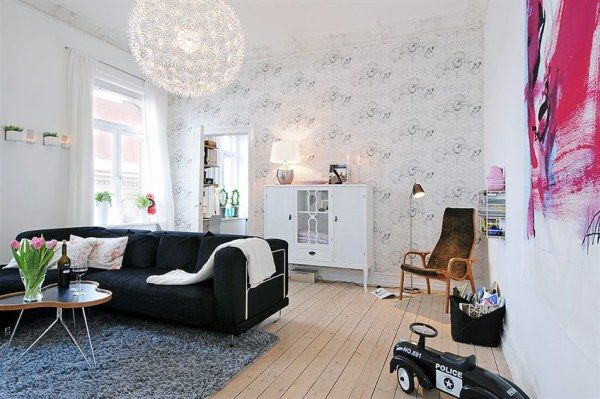 artistic living room with Scandinavian design theme