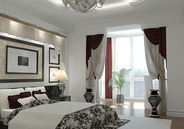 artistic window treatments for a master bedroom in black and white