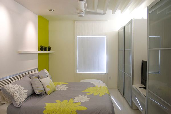 beautiful bedroom with yellow and gray colors