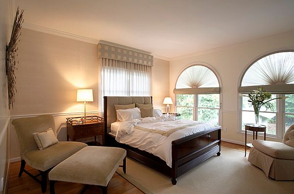 beautiful window treatments on semi-circular windows