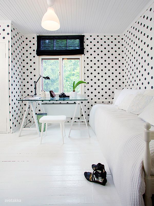 black polka dots on white wall in Nordic style home office