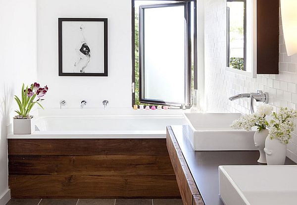 chic bathroom with wooden accents