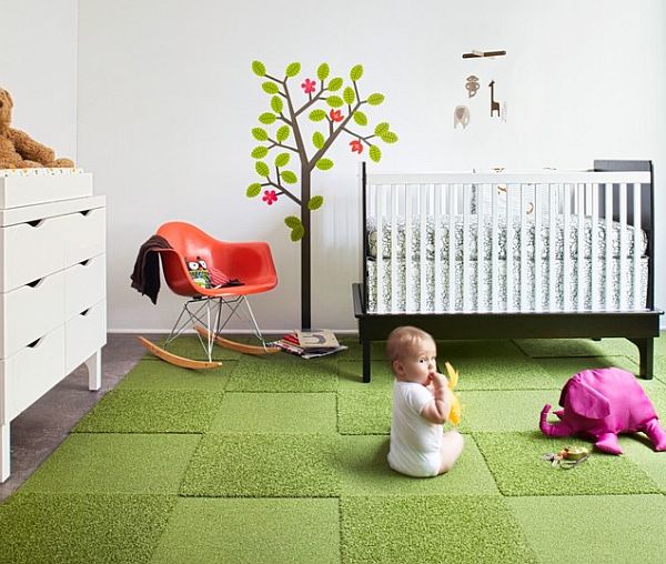 Child room with green carpet tile rug