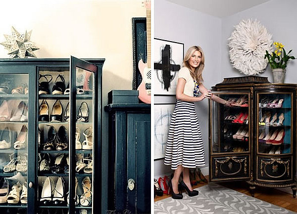 A china cabinet repurposed to store your shoes in style