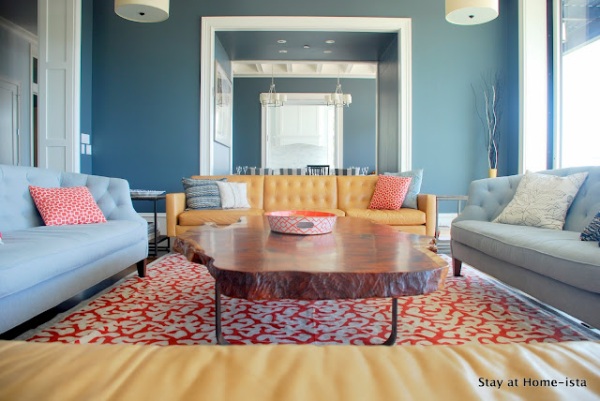 coral and light blue living room