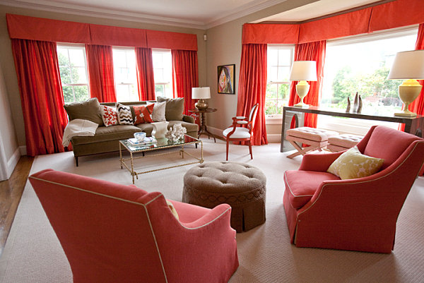coral red and tan living room