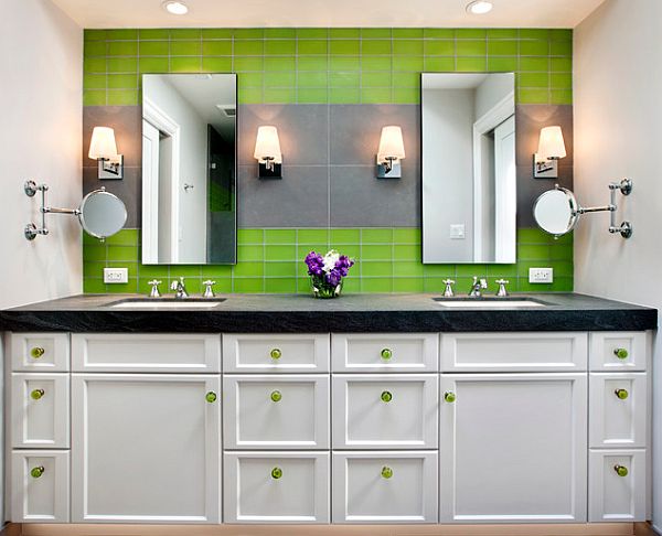 double sink bathroom with modern green lime tiles