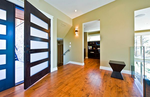 Welcoming entryway with cool front door with frosted glass